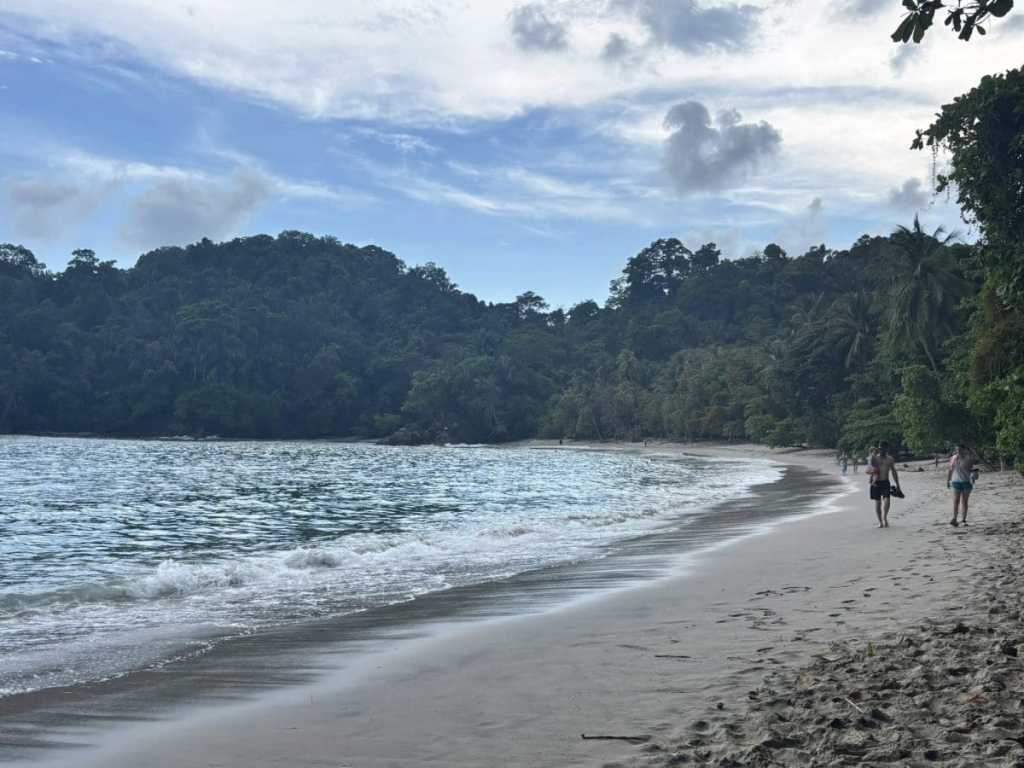 A wide-angle view of the serene, tan-sand coastline of Playa Manuel Antonio in Costa Rica. Gentle ocean waves wash ashore on the left, while lush, dense rainforest mountains border the beach on the right under a soft, cloudy sky. A few people are seen walking along the shore in the distance.